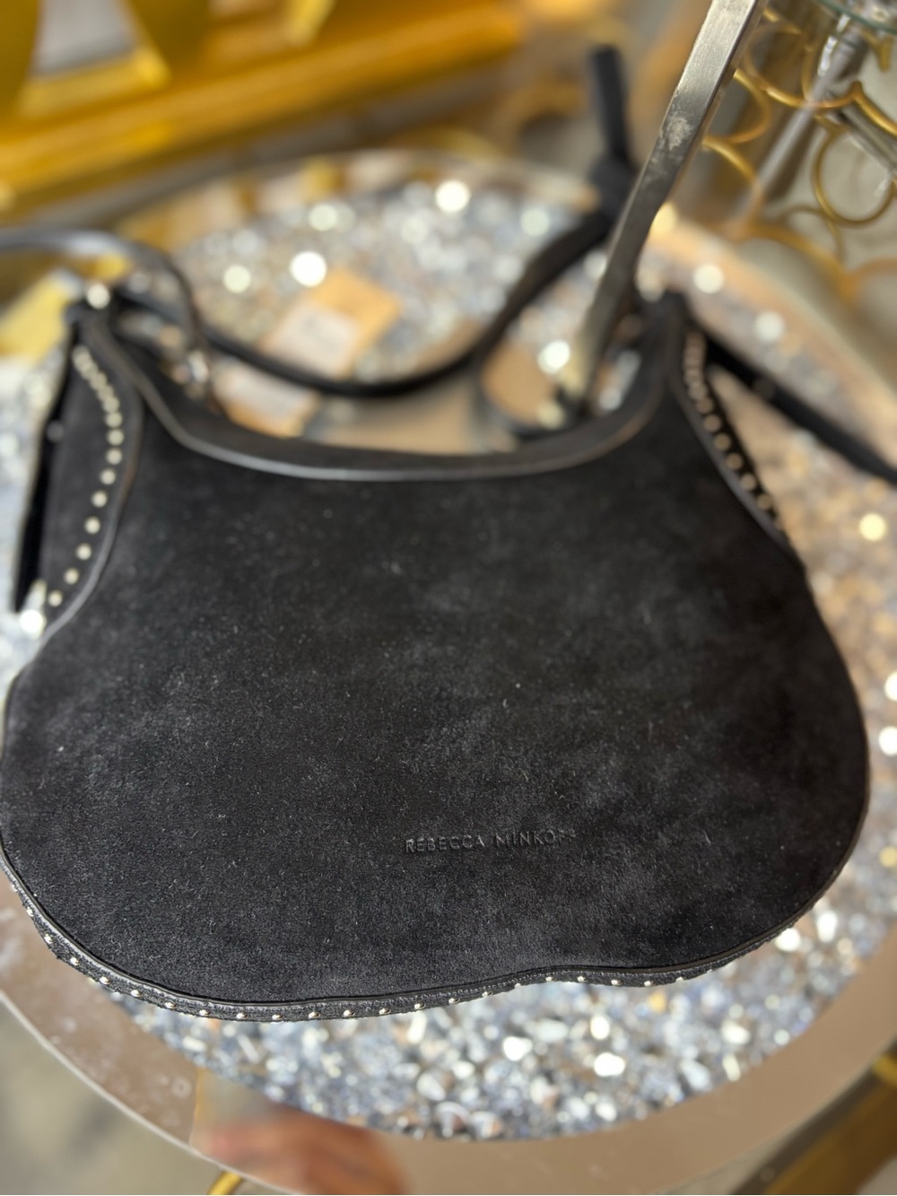 Rebecca Minkoff Small Pippa Studded Crossbody Bag in black suede NWT - Picture 13 of 15